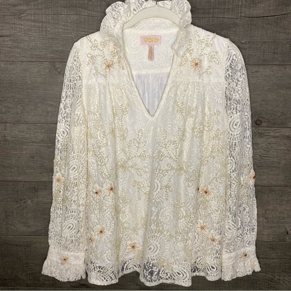 Verb By Pallavi Singhee Ivory Beaded Embroidered Top Size Small - Picture 3 of 13